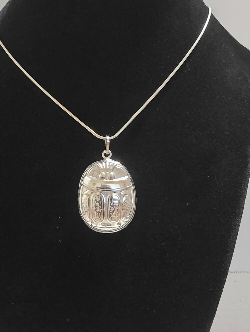 Vtg Egyptian Revival Sterling Silver Scarab Beetle Pendant 1.5" on 19" Necklace